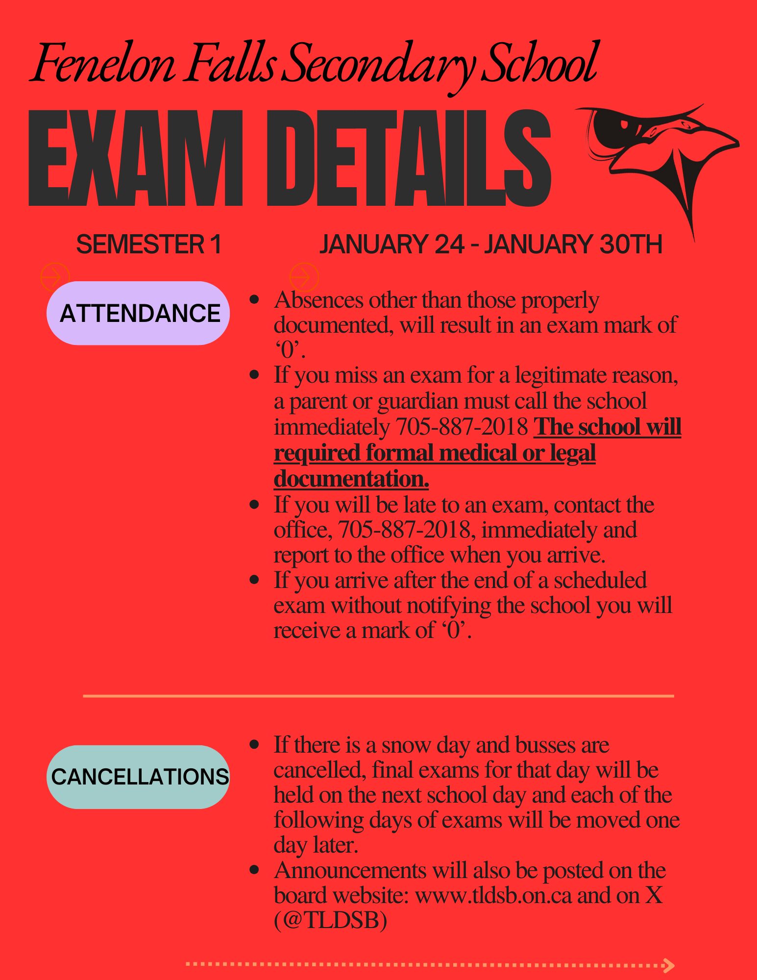 Exam attendance and cancellation information.